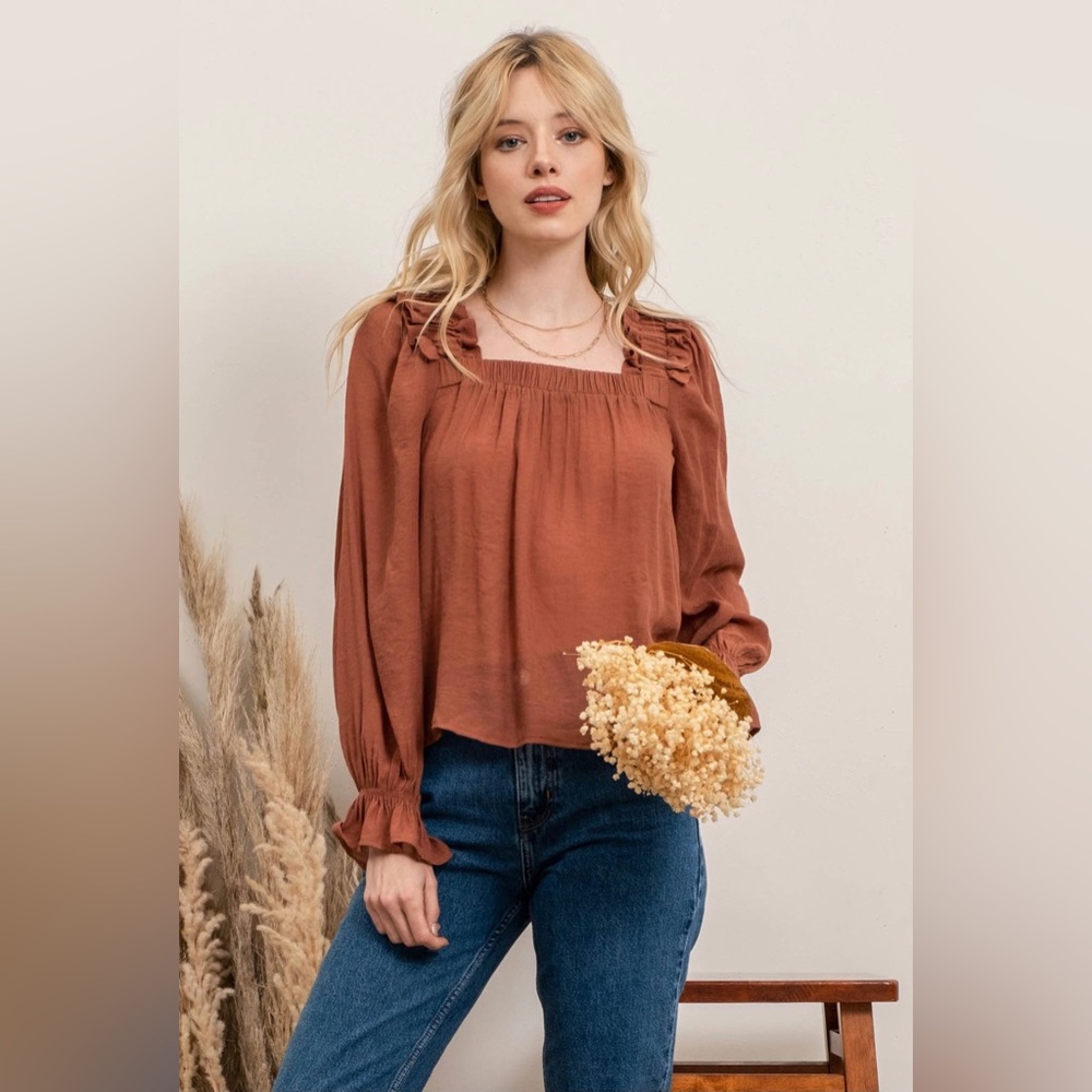 T82-Ruffle Square Neck Blouse-Rust